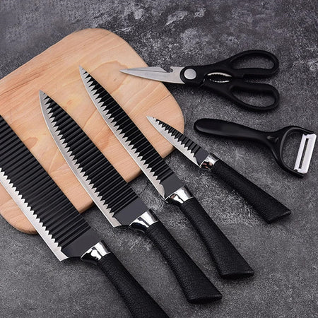 Set Di Coltelli Da Cucina In Acciaio 6pz Manico In Silicone Con Motivo Ondulato Nero