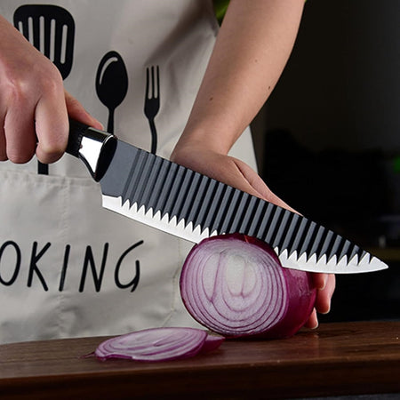 Set Di Coltelli Da Cucina In Acciaio 6pz Manico In Silicone Con Motivo Ondulato Nero