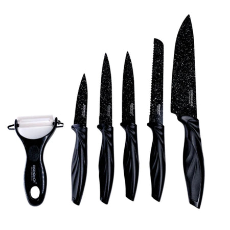 Set Di Coltelli Rivestiti In Marmo Con Manici Ergonomici Antiscivolo 6 Pezzi Nero