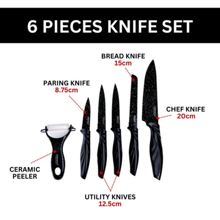 Set Di Coltelli Rivestiti In Marmo Con Manici Ergonomici Antiscivolo 6 Pezzi Nero