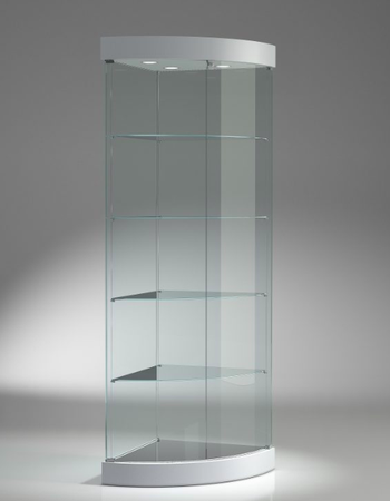 Vetrina di forma angolare con plafoniera superiore con faretti cm. 58x58x190h