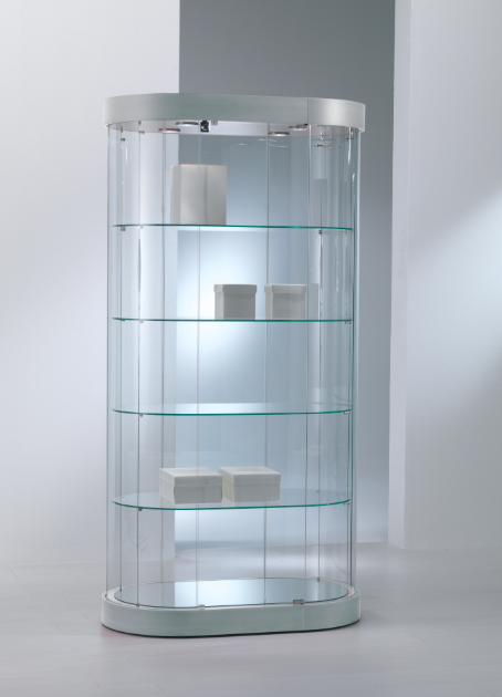 Vetrina espositiva a forma ovale con faretti led di cm. 97x56x190h