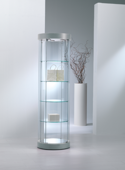 Vetrina espositiva rotonda con rotelle a scomparsa per agevolare gli spostamenti cm. 71x71x190h