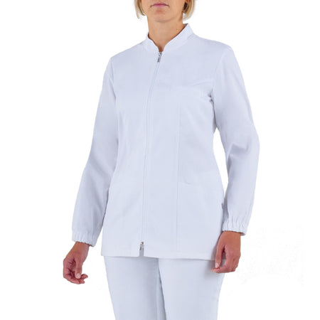Casacca Donna Alice Bianco Manica Lunga Cotone Casacca Infermiera Zip Lunga