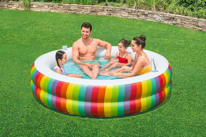 Piscina Tonda Gonfiabile Family Stampa Arcobaleno 206x206x51cm Con 2 Portabicchieri 54443