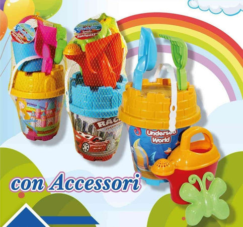 Set Secchiello Da Spiaggia Varie Grafiche Assortite Con Accessori Mare Tondo 406678