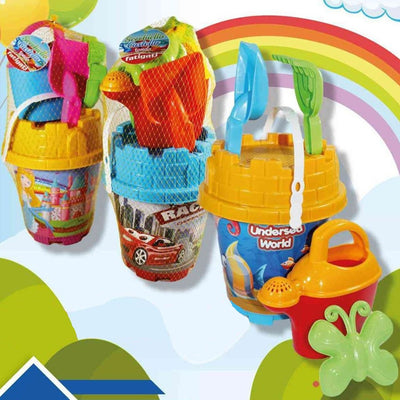 Set Secchiello Da Spiaggia Varie Grafiche Assortite Con Accessori Mare Tondo 406678