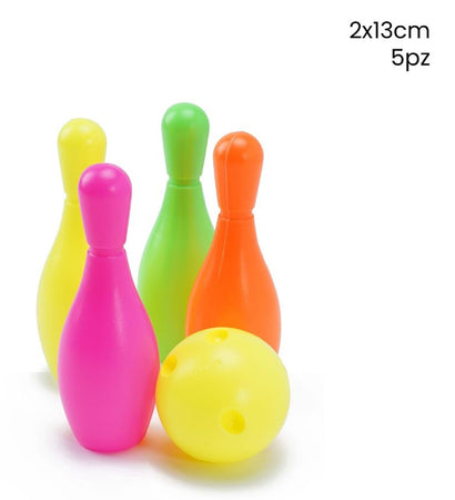 Set 5pz Da Bowling Birilli Con Pallina In Plastica Colorati 2x13cm Per Bambini 258235