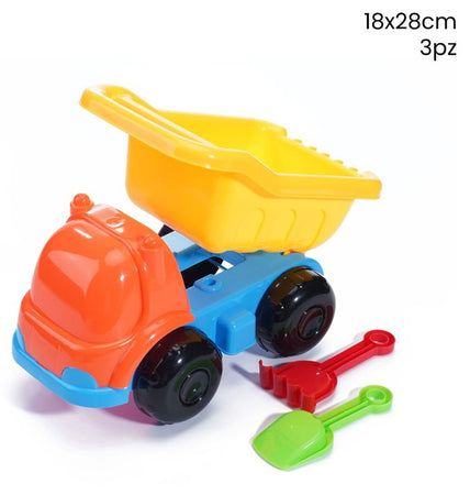 Set Spiaggia 3pz Camion Ribaltabile Con Paletta Rastrello Giochi Bambini 18x28cm 258265