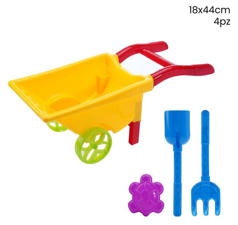 Set Giochi Mare Spiaggia 4pz Con Carriola 18x44cm Rastrello Paletta Formina 258296