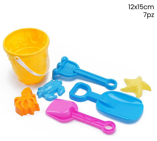 Kit 7pz Secchiello Con Palette Formine Rastrello Mare Giochi Per Bambini 12x15cm 258305