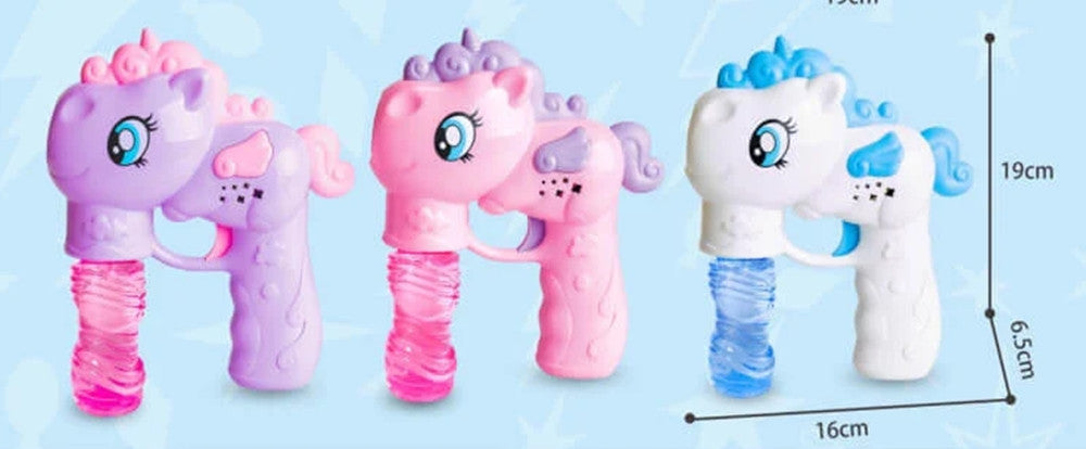 Pistola Spara Bolle A Forma Di Pony Con 2 Flaconi Di Ricarica Da 50 Ml 3 Colori 6726065