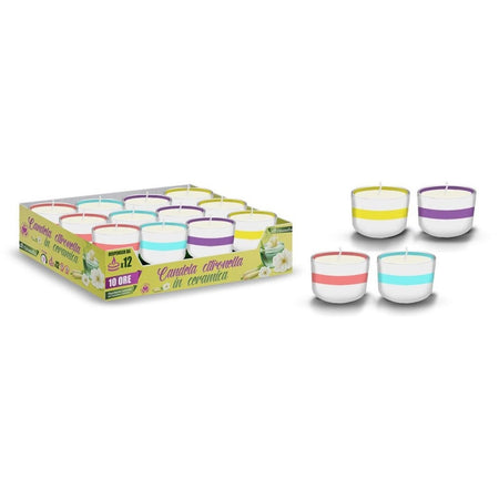 Set 12pz Candela Citronella 90gr In Ceramica Con Riga Colorata Repellente Insetti 032640