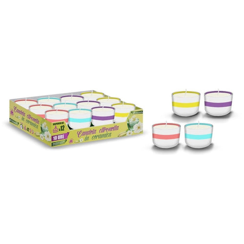 Set 12pz Candela Citronella 90gr In Ceramica Con Riga Colorata Repellente Insetti 032640
