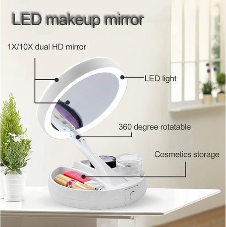 Specchio Trucco Luce Led Da Tavolo Bifacciale 10x/1x 360° Contenitore Portatile Pieghevole