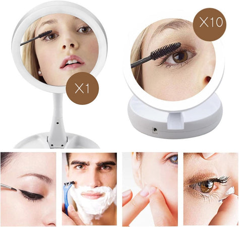 Specchio Trucco Luce Led Da Tavolo Bifacciale 10x/1x 360° Contenitore Portatile Pieghevole