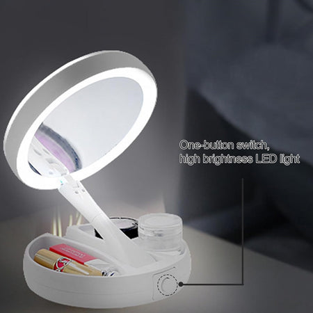 Specchio Trucco Luce Led Da Tavolo Bifacciale 10x/1x 360° Contenitore Portatile Pieghevole