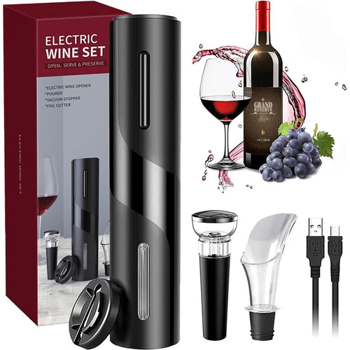 Cavatappi Elettrico Vino Set Apribottiglie 5in1 Ricarica Usb Tagliapasta Tappo Versatore