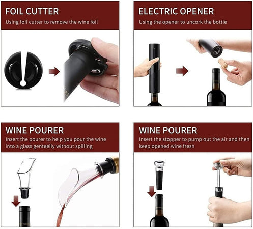 Cavatappi Elettrico Vino Set Apribottiglie 5in1 Ricarica Usb Tagliapasta Tappo Versatore