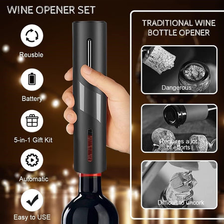 Cavatappi Elettrico Vino Set Apribottiglie 5in1 Ricarica Usb Tagliapasta Tappo Versatore