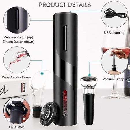 Cavatappi Elettrico Vino Set Apribottiglie 5in1 Ricarica Usb Tagliapasta Tappo Versatore
