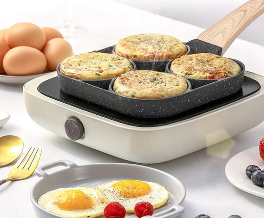 Padella Antiaderente A 4 Fori Per Uova Pancake Manico In Legno Accessori Cucina 624386