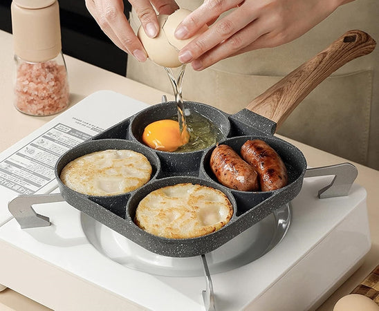 Padella Antiaderente A 4 Fori Per Uova Pancake Manico In Legno Accessori Cucina 624386