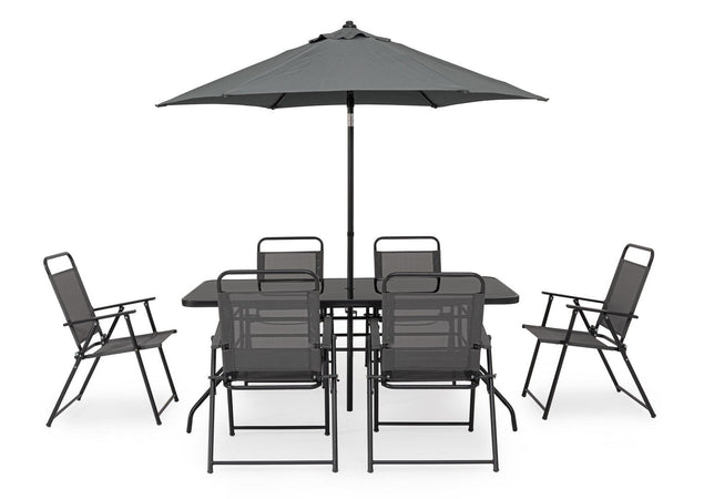 Set tavolo "Pompei" con sedie e ombrellone, in alluminio verniciato antracite, per esterno