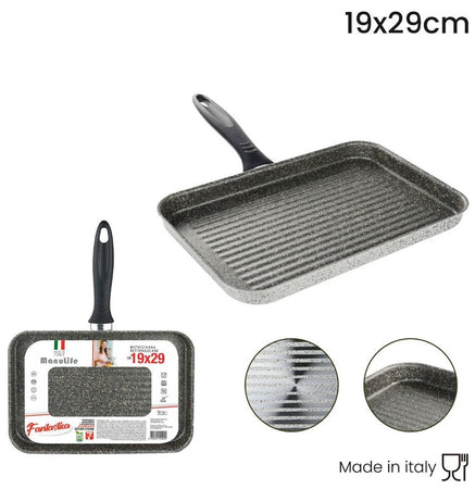 Bistecchiera Rettangolare 19x29cm Pietra Antiaderente Antigraffio Con Manico Nero 045024m