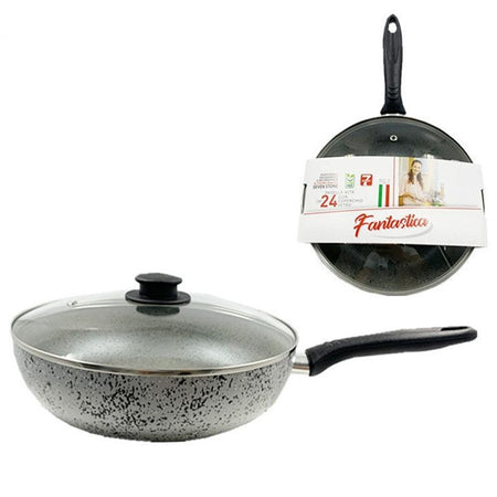 Padella Alta Antiaderente Antigraffio A 7 Strati Con Coperchio In Vetro Manico Da 24-28cm