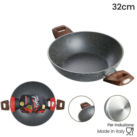 Wok Rivestimento Antiaderente Antigraffio Per Induzione Con 2 Manici Legno ø24-28-32cm