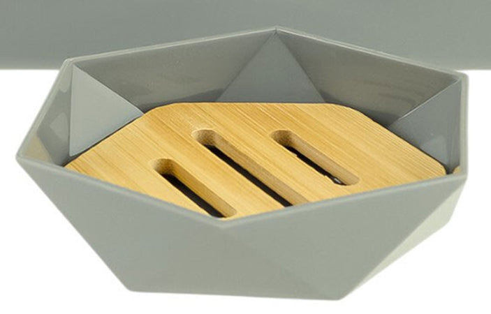 Piattino Porta Sapone Saponetta Forma Esagonale Geometrico Grigio Legno Da Bagno 10848