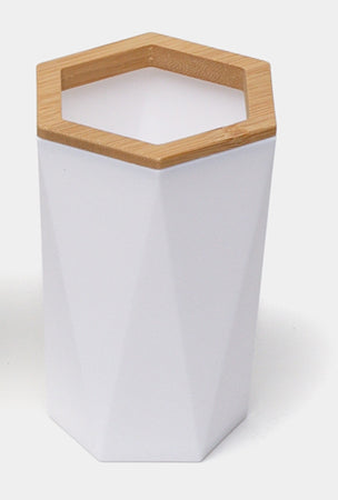 Bicchiere Porta Spazzolini A Cilindro Esagonale Geometrico Bianco Legno Da Bagno 10837