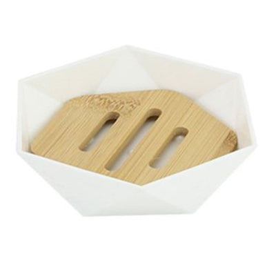 Piattino Porta Sapone Saponetta Forma Esagonale Geometrico Bianco Legno Da Bagno 10838