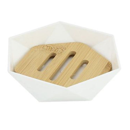 Piattino Porta Sapone Saponetta Forma Esagonale Geometrico Bianco Legno Da Bagno 10838