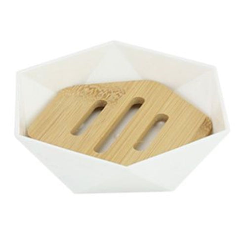 Piattino Porta Sapone Saponetta Forma Esagonale Geometrico Bianco Legno Da Bagno 10838