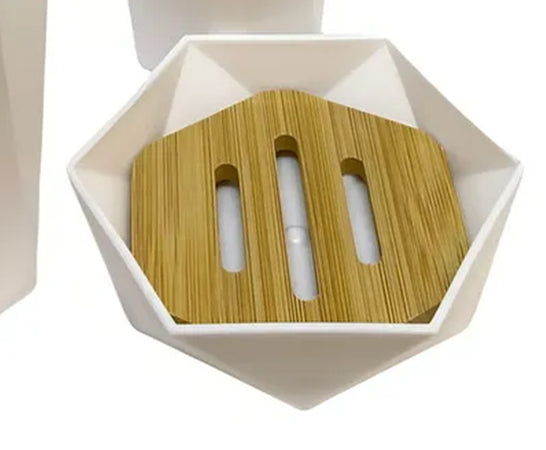 Piattino Porta Sapone Saponetta Forma Esagonale Geometrico Bianco Legno Da Bagno 10838