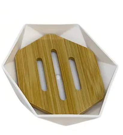 Piattino Porta Sapone Saponetta Forma Esagonale Geometrico Bianco Legno Da Bagno 10838