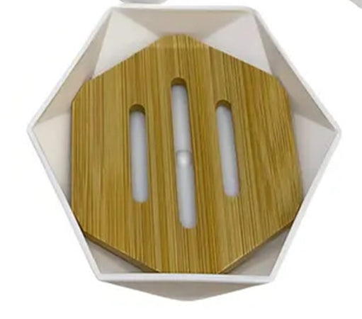 Piattino Porta Sapone Saponetta Forma Esagonale Geometrico Bianco Legno Da Bagno 10838