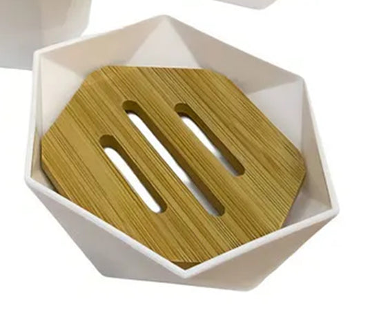 Piattino Porta Sapone Saponetta Forma Esagonale Geometrico Bianco Legno Da Bagno 10838