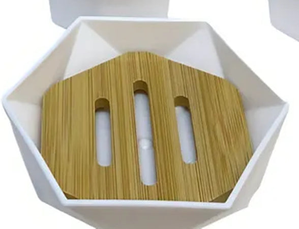 Piattino Porta Sapone Saponetta Forma Esagonale Geometrico Bianco Legno Da Bagno 10838