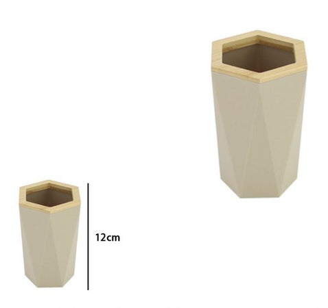 Bicchiere Porta Spazzolini A Cilindro Esagonale Geometrico Beige Legno Da Bagno 10842
