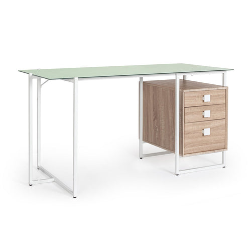 Scrivania Thomas con cassettiera, color bianco-naturale, 142 x 69 x 76h cm