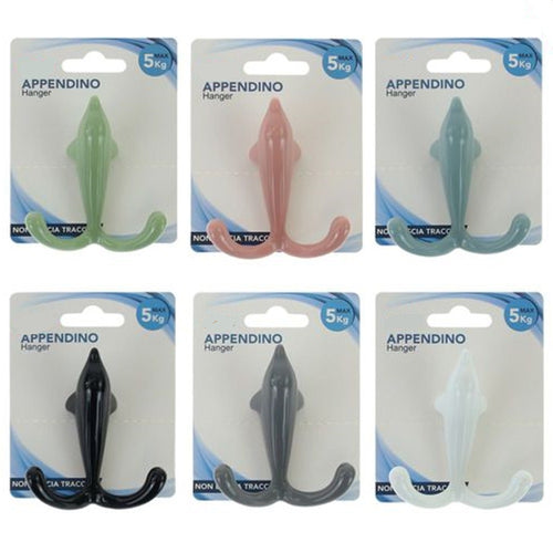 Gancio Appendino Adesivo Doppio Appendiabiti Parete Cucina Bagno Design Delfino Colorato 10810