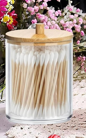 Contenitore Porta Cotton Fioc Organizer Trasparente Con Coperchio In Legno 7.1x10.3cm 10821