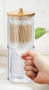 Organizer 2 Piani Porta Cotton Fioc Dischetti Struccanti Trasparente Coperchio Legno 10823