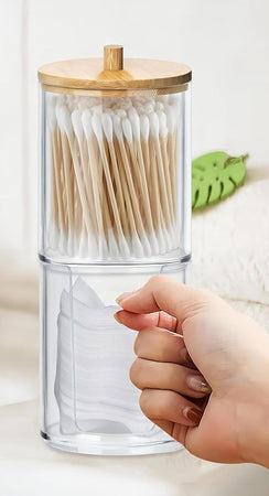 Organizer 2 Piani Porta Cotton Fioc Dischetti Struccanti Trasparente Coperchio Legno 10823