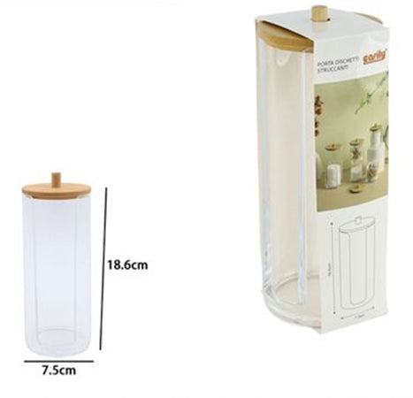 Dispenser Porta Dischetti Struccanti Trasparente Con Coperchio In Legno 7.5x18.6cm 10824