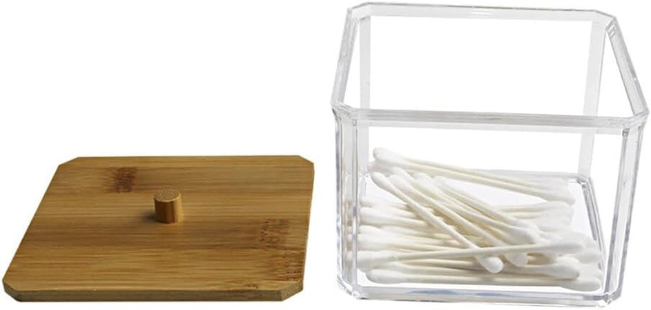Contenitore Organizer Cosmetici Toeletta Quadrato Trasparente Con Coperchio In Legno 10826