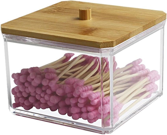 Contenitore Organizer Cosmetici Toeletta Quadrato Trasparente Con Coperchio In Legno 10826